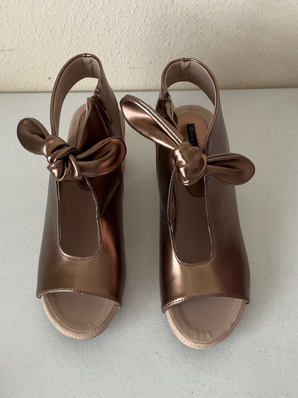 Good Choice Kimora Metallic Bronze Peep-Toe Wedge Sandals with Knot Accent